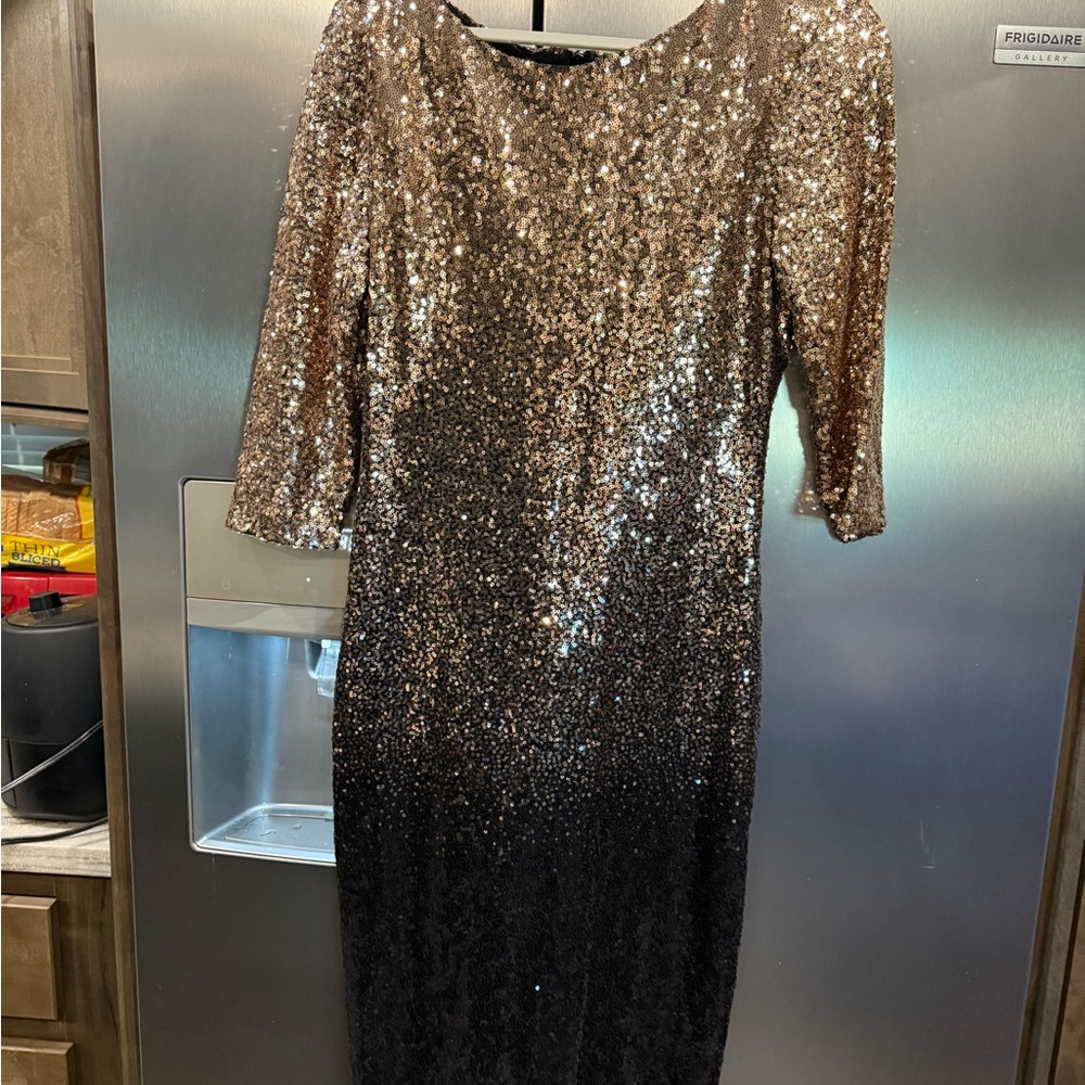 Premier Asymmetrical Sequin Dress in Gold and Black